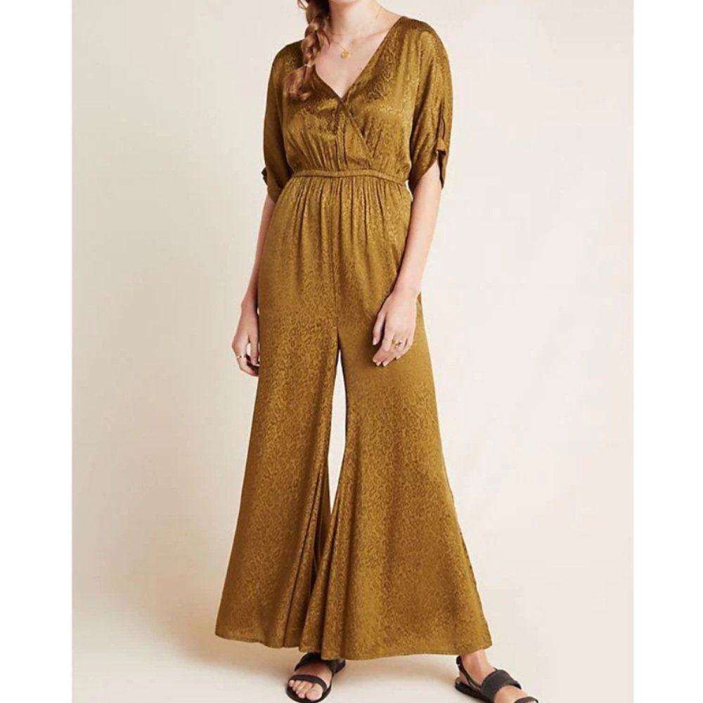 Anthropologie Maeve Jacqueline Jacquard Jumpsuit Gold Olive Green Size XS